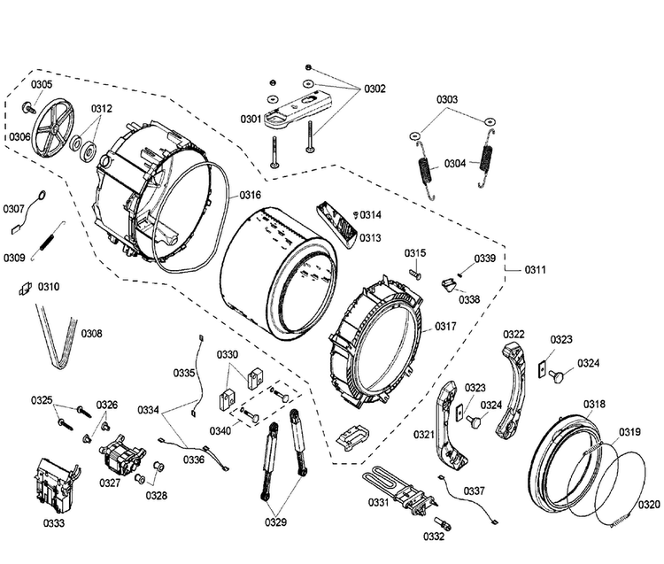 Drum Diagram and Parts List for WFMC6401UC 03 Bosch Washer