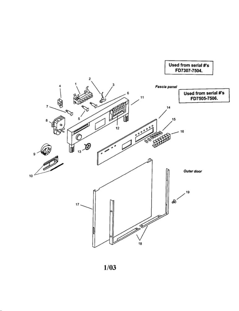 Fascia Panel And Outer Door Diagram and Parts List for SMU7052UC-09 FD7307, 7504-7506 Bosch Dishwasher