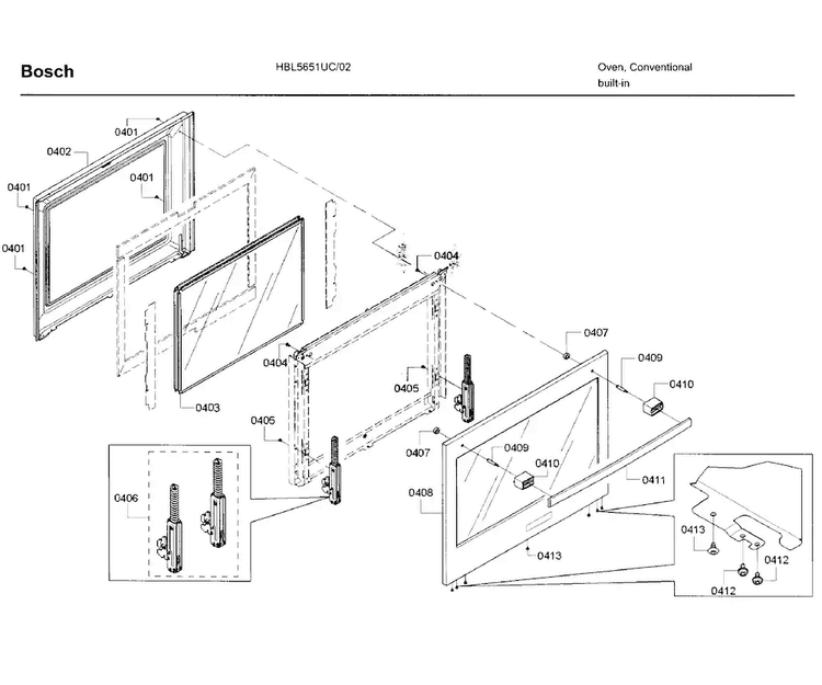 Door Diagram and Parts List for HBL5651UC 02 Bosch Wall Oven