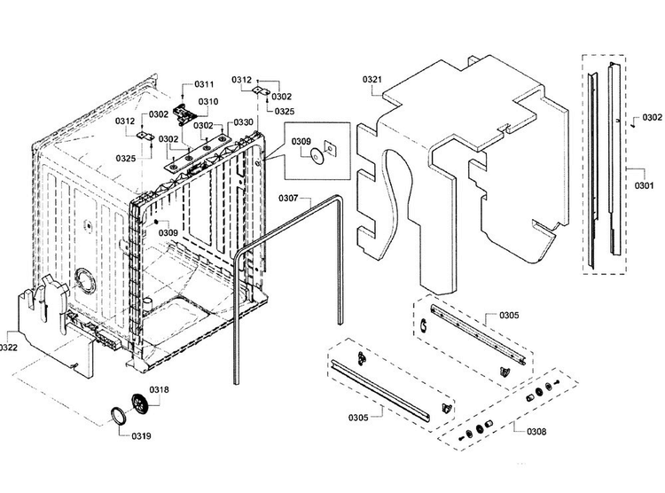 Cabinet Diagram and Parts List for SHX3AR52UC 14 Bosch Dishwasher