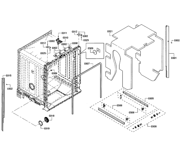 Cabinet Diagram and Parts List for SHE3AR75UC 08 Bosch Dishwasher