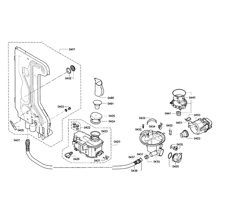 Pump & Pipe Assy Diagram and Parts List for SGE63E06UC 73 Bosch Dishwasher