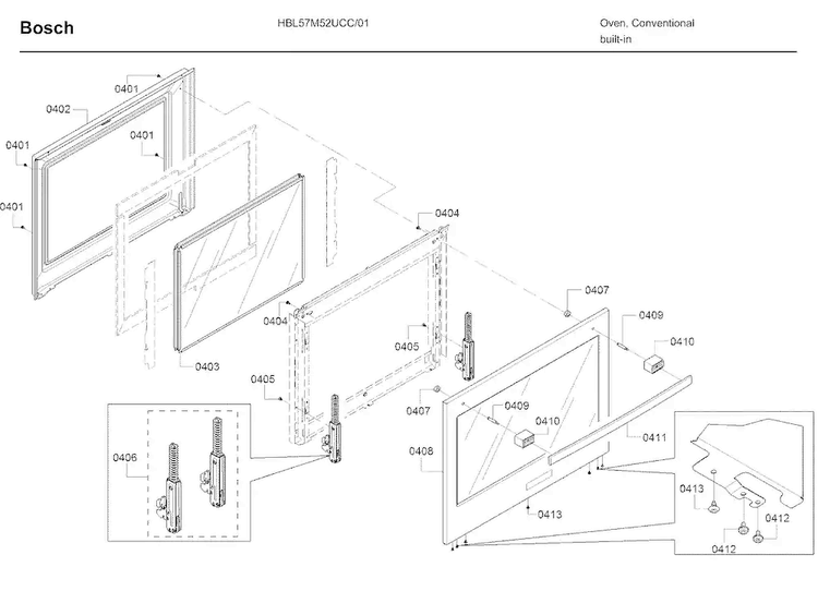 Door Diagram and Parts List for HBL57M52UC 01 Bosch Wall Oven
