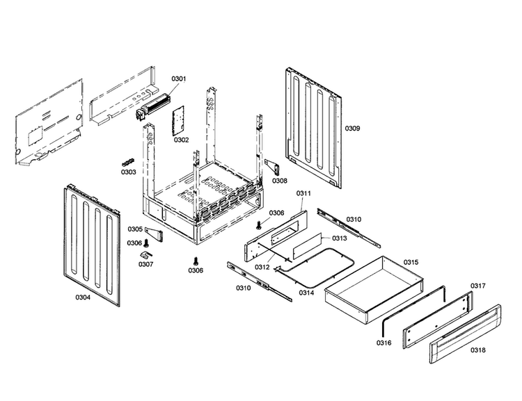 Side Panels/drawer Diagram and Parts List for HEI7282U 01 Bosch Range