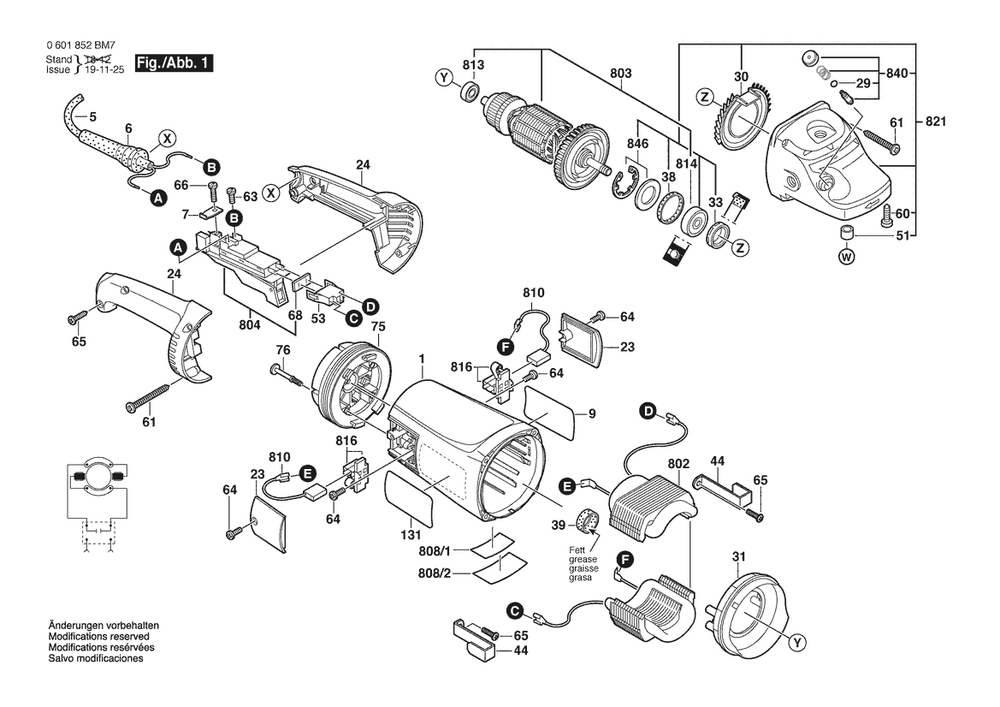 Section 1 Diagram and Parts List for 1853-5IM 0601852BM7 Bosch Angle Grinder