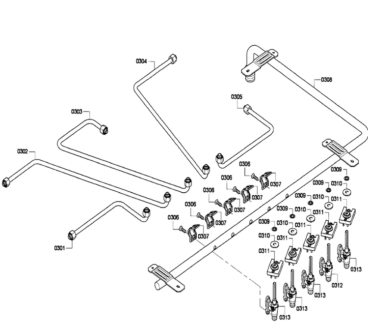Manifold Diagram and Parts List for NGM3654UC 02 Bosch Cooktop