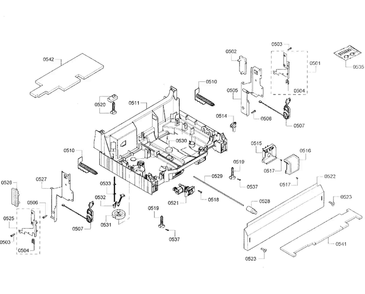 Base Assy Diagram and Parts List for SHE43R56UC 64 Bosch Dishwasher