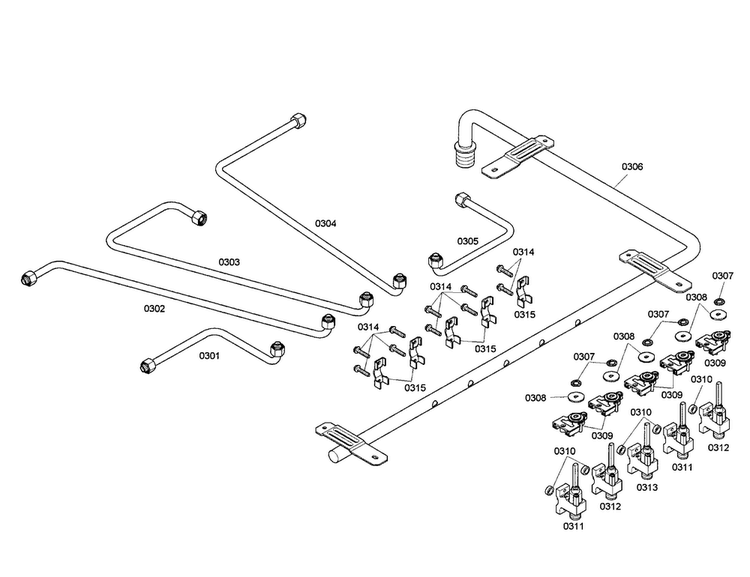 Valves/manifold Diagram and Parts List for SGS305FS 02 Thermador Cooktop