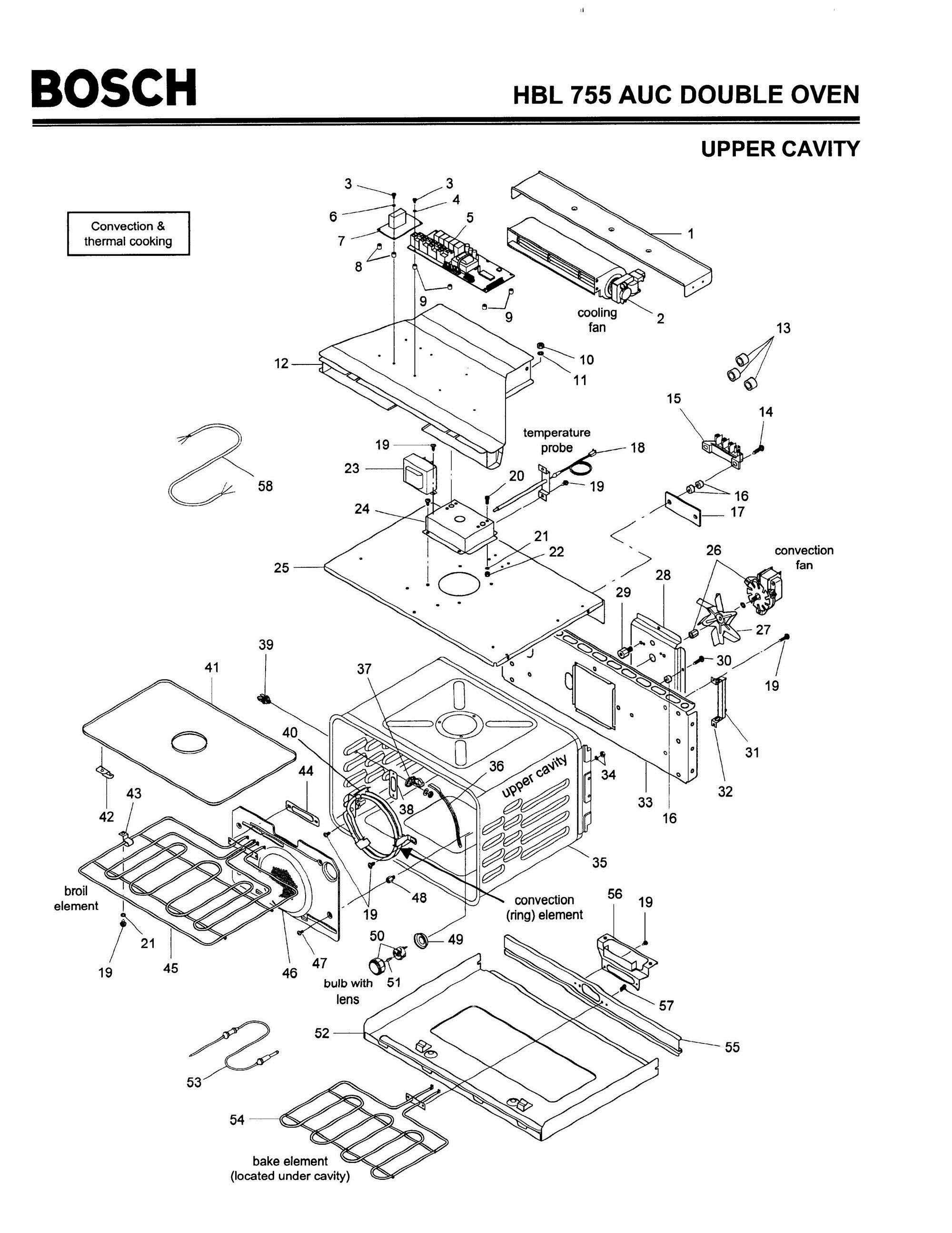 03 - CAVITY, UPPER Diagram and Parts List for HBL755AUC(FD8207-)  Bosch Wall Oven