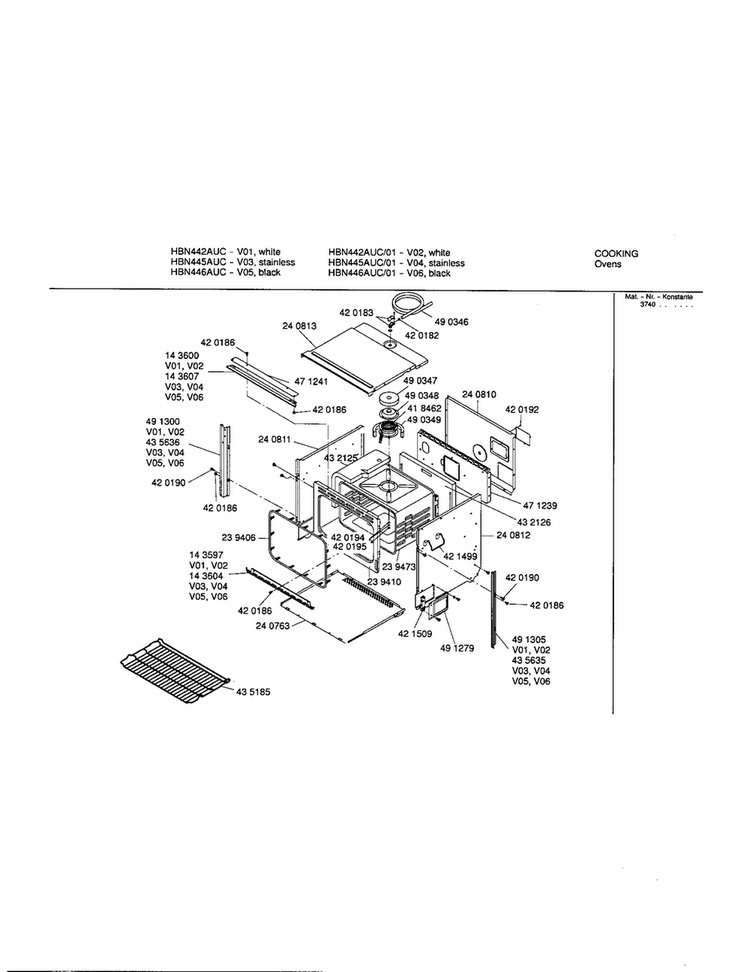 Body Diagram and Parts List for HBN445AUC 01 Bosch Wall Oven