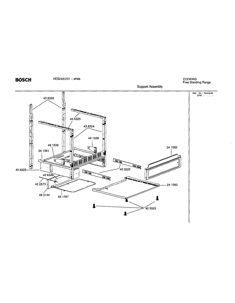 Support Assembly Diagram and Parts List for HES242U 01 Bosch Range