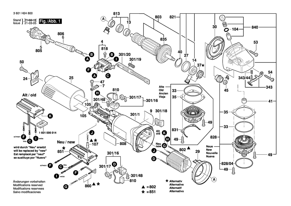Diagram 1 Diagram and Parts List for GWS14-125 3 601 H24 803 Bosch Angle Grinder