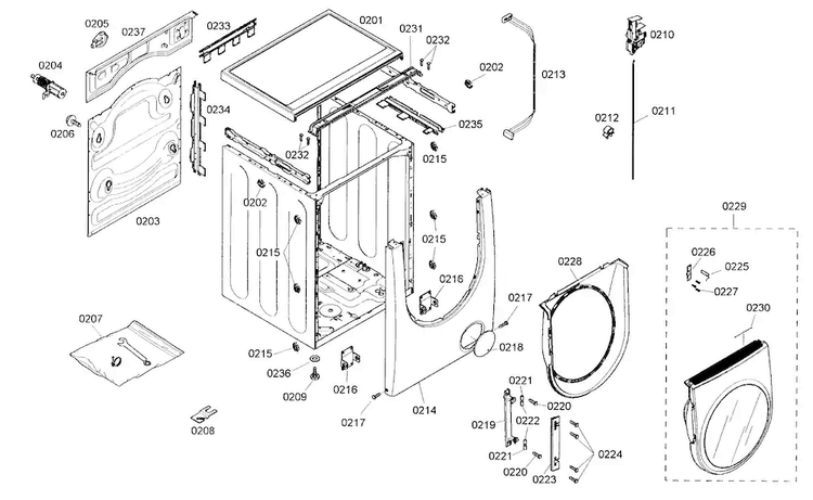 Cabinet Parts Diagram and Parts List for WFMC2201UC 13 Bosch Washer