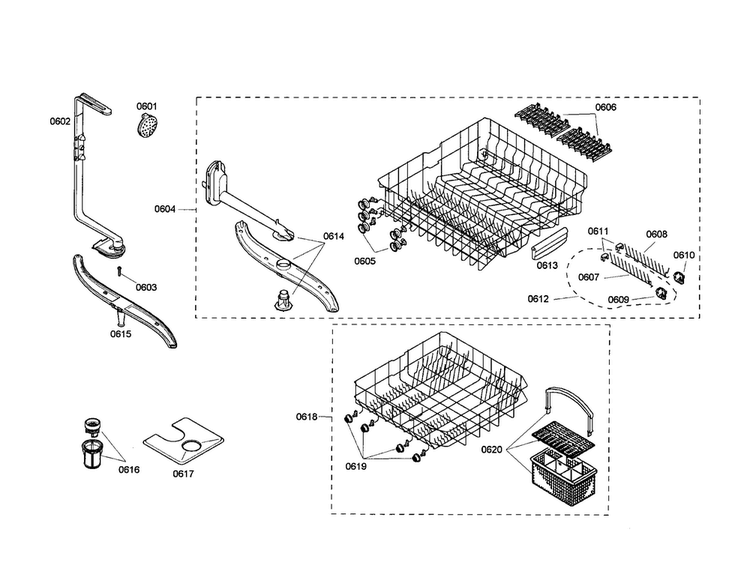 Racks/spray Arm Diagram and Parts List for SHE44C02UC 22 Bosch Dishwasher