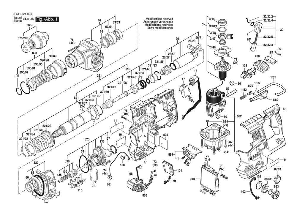 Section 1 Diagram and Parts List for 3611J21081  Bosch Hammer Drill