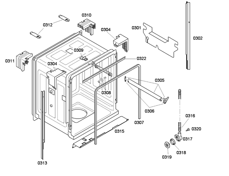 Cabinet Diagram and Parts List for SHE43F05UC 53 Bosch Dishwasher