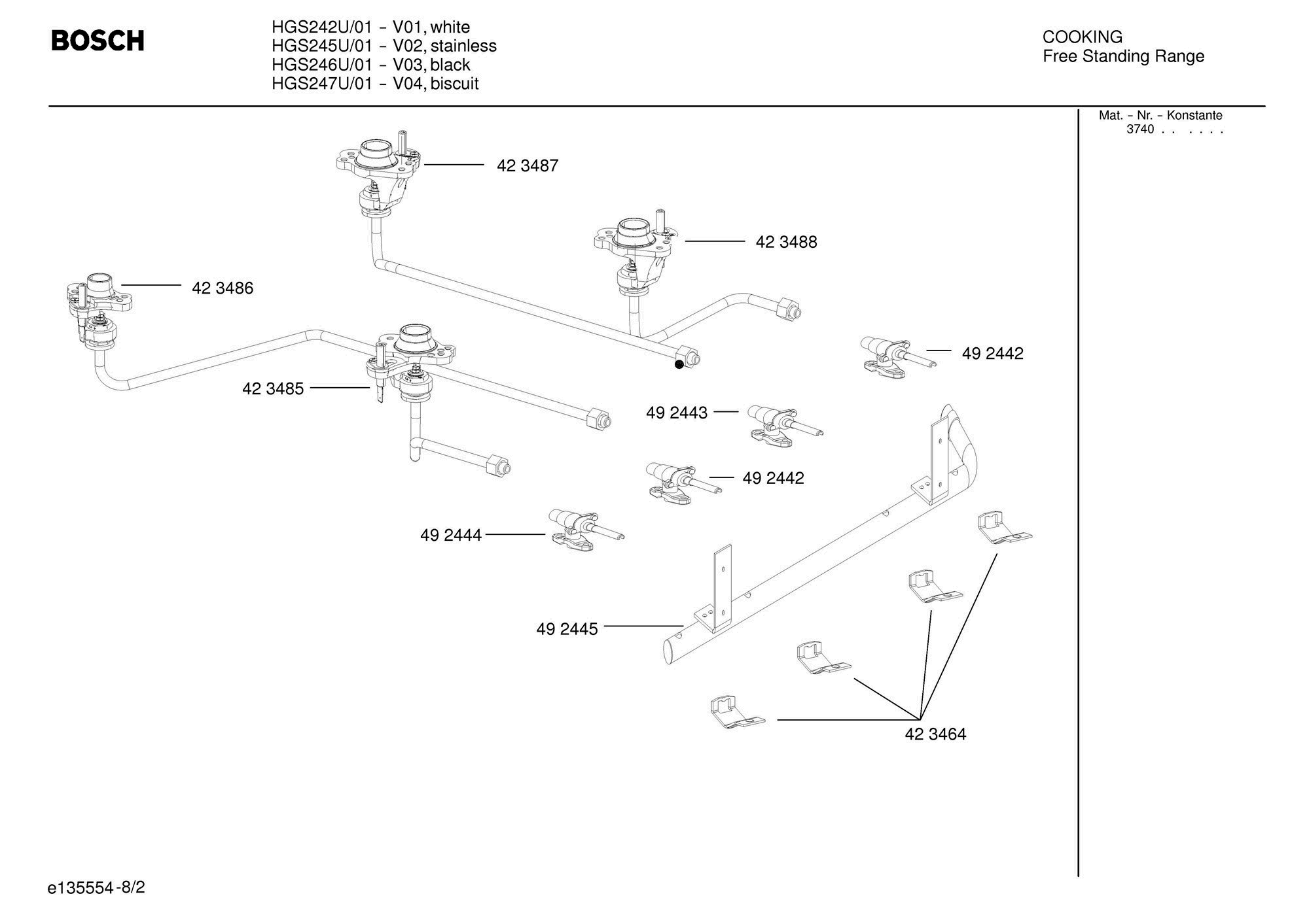02 - BURNERS Diagram and Parts List for HGS245U  Bosch Range
