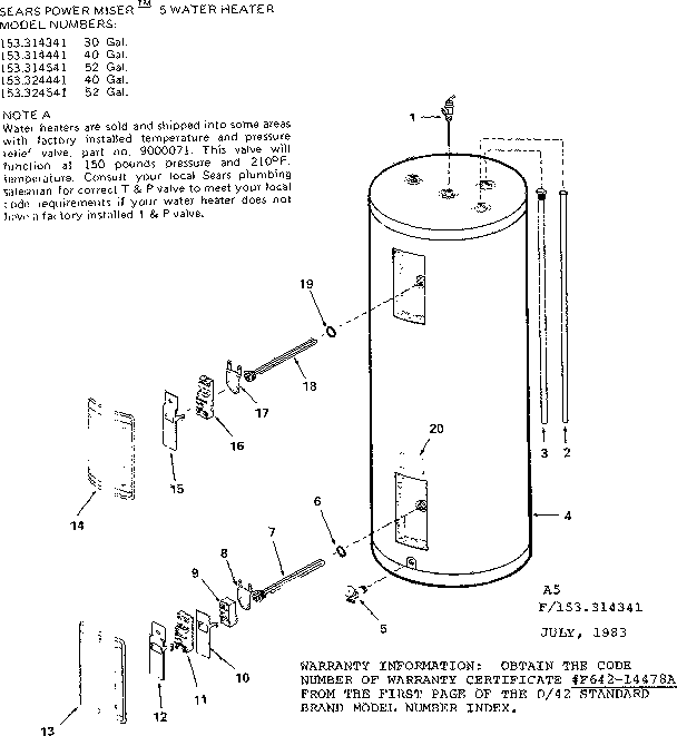 Replacement Parts Diagram and Parts List for 153314441  Kenmore Water Heater