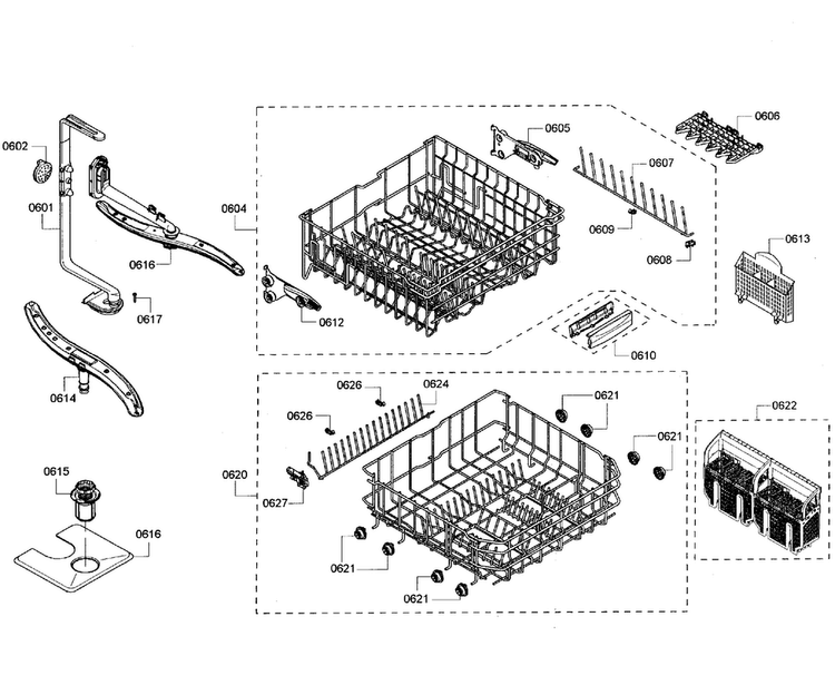 Baskets Diagram and Parts List for SHE55R55UC 64 Bosch Dishwasher