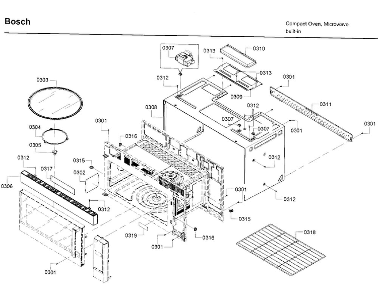 Cavity Parts Diagram and Parts List for HMV5053U 01 Bosch Microwave