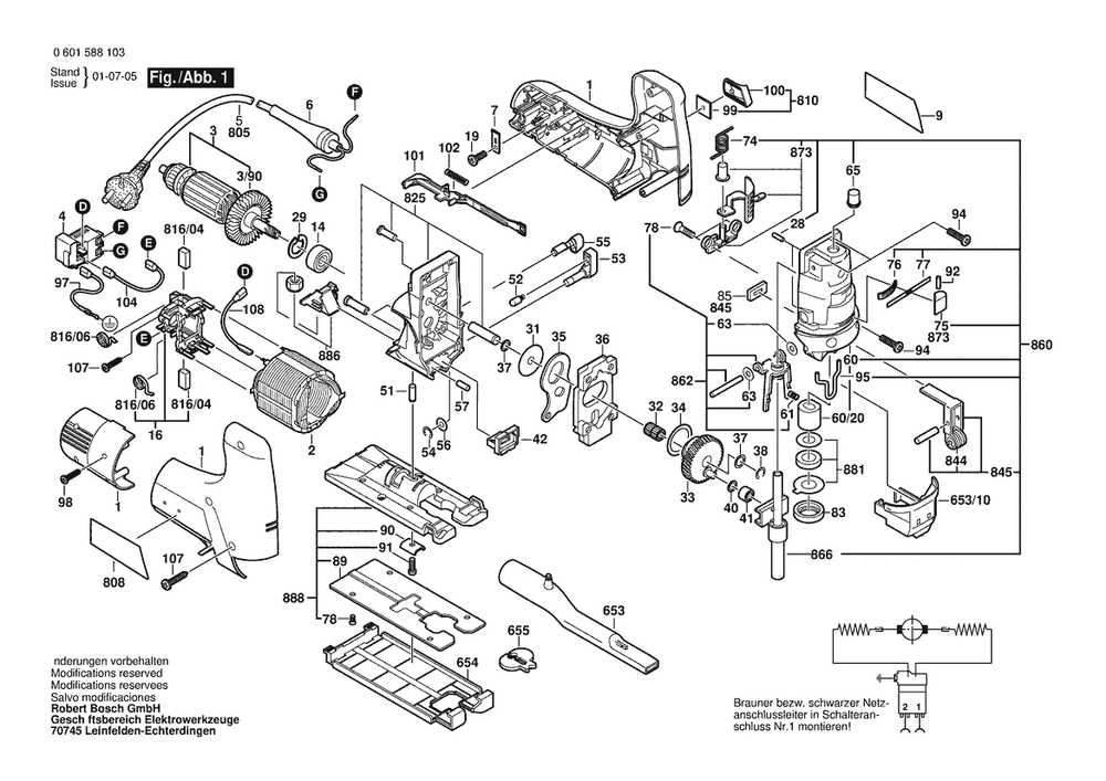 Section 1 Diagram and Parts List for GST100 0601588134 Bosch Jig Saw