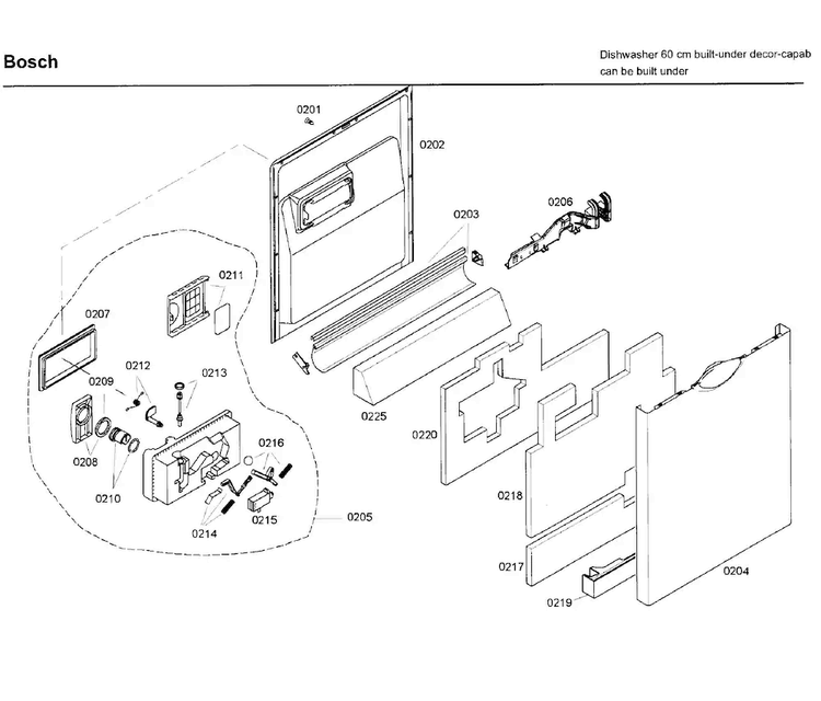 Door Diagram and Parts List for SHE99C05UC 48 Bosch Dishwasher