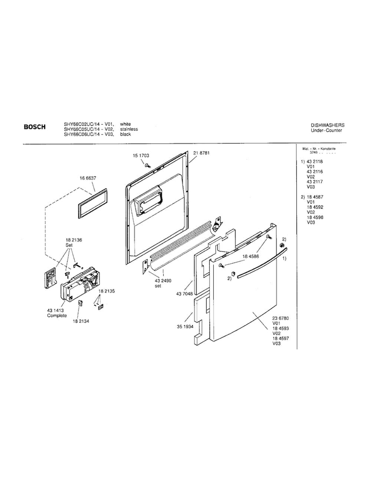 Door Assembly Diagram and Parts List for SHY66C02UC 14 Bosch Dishwasher