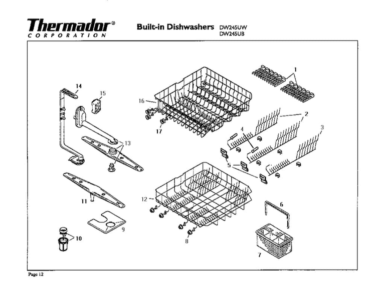 Racks Diagram and Parts List for DW245UB  Thermador Dishwasher