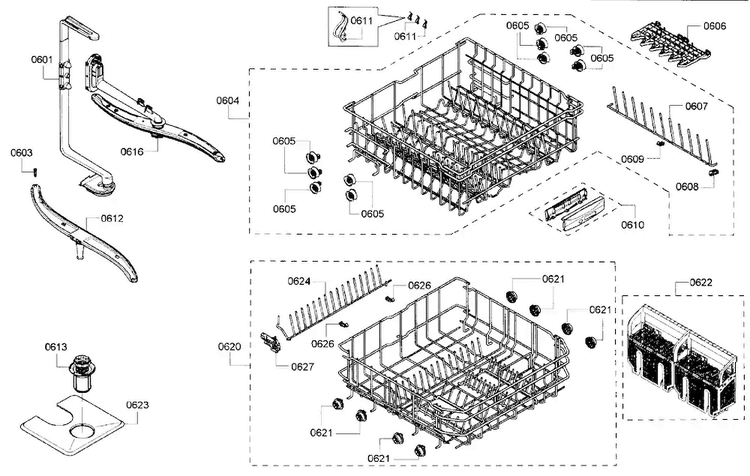 Baskets Assy Diagram and Parts List for SHX43P15UC 59 Bosch Dishwasher