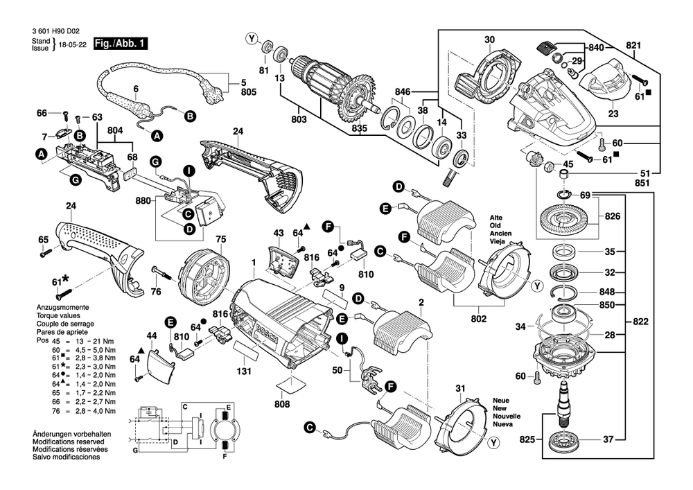 Diagram 1 Diagram and Parts List for GWS22-230LVI 3 601 H91 D02 Bosch Angle Grinder