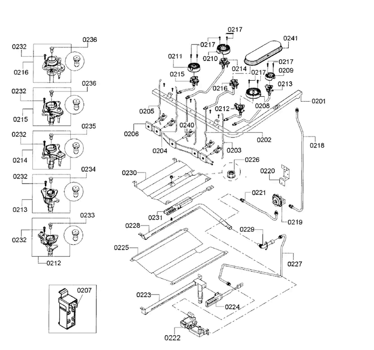 Burners Assy Diagram and Parts List for HGS5053UC 08 Bosch Range