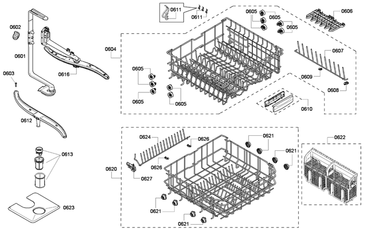 Baskets Diagram and Parts List for SHE43P15UC 59 Bosch Dishwasher