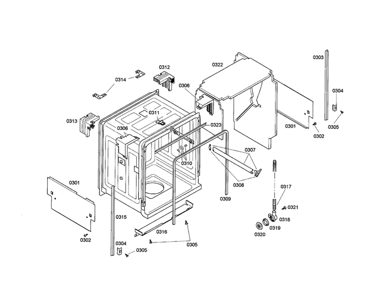 Cabinet Diagram and Parts List for SHE47C02UC 21 Bosch Dishwasher
