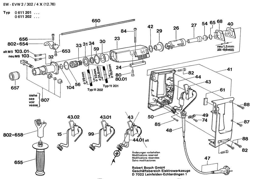 Section 1 Diagram and Parts List for 0611202909  Bosch Hammer Drill