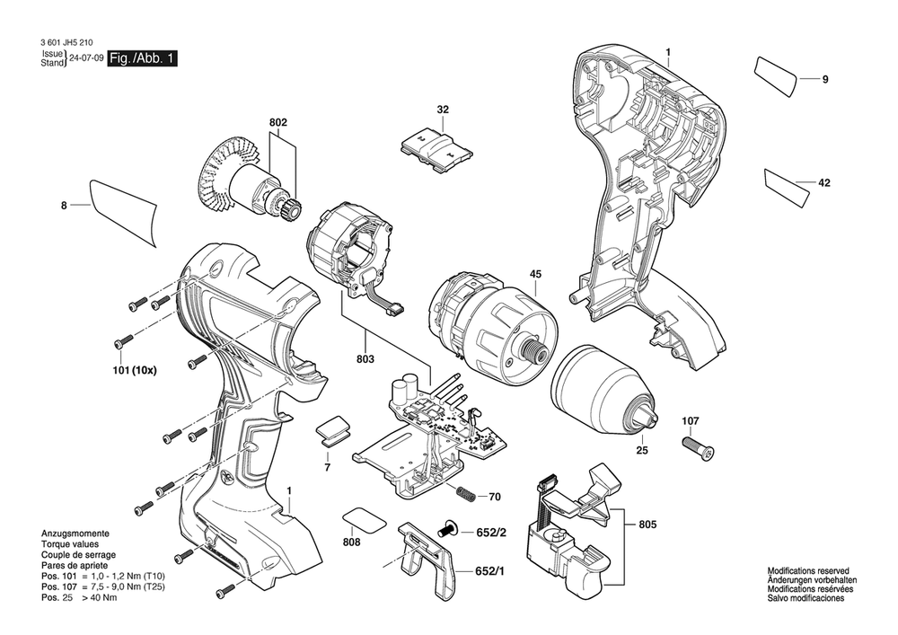 Section 1 Diagram and Parts List for 3601JH5210  Bosch Cordless Drill