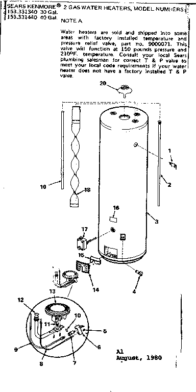 Replacement Parts Diagram and Parts List for 153331340  Kenmore Water Heater