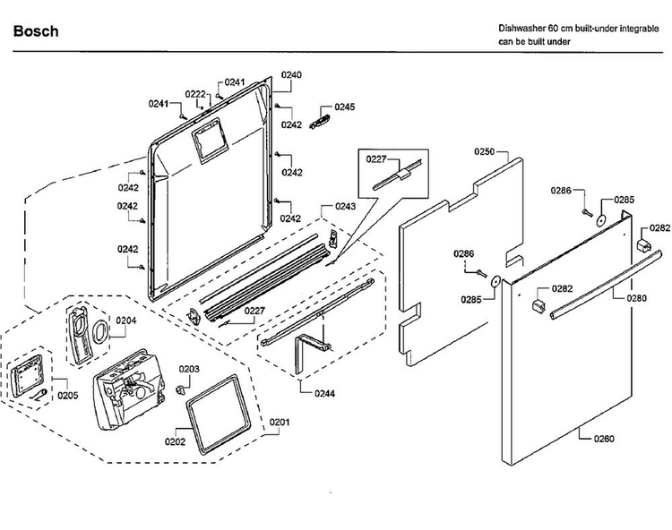 Door Diagram and Parts List for SHXM63W55N 01 Bosch Dishwasher