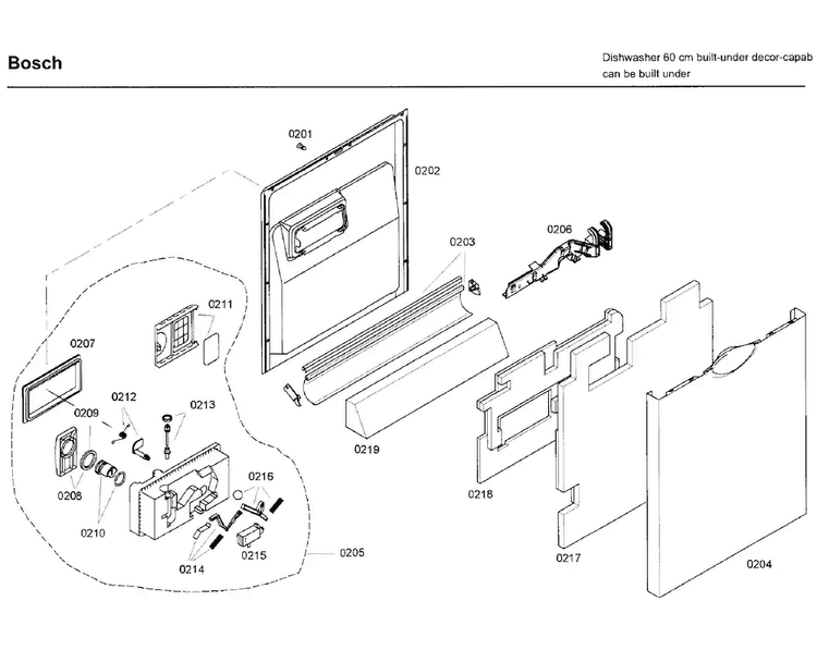 Door Diagram and Parts List for SHE99C05UC 40 Bosch Dishwasher