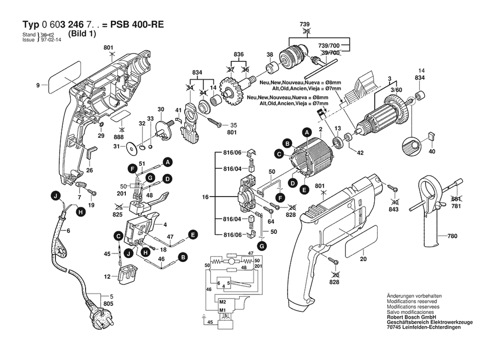 Section 1 Diagram and Parts List for PSB400RE 0603246750 Bosch Hammer Drill