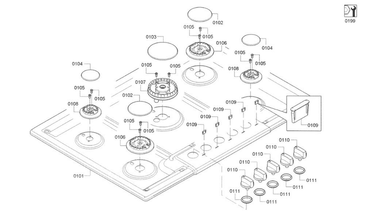 Burner Asy Diagram and Parts List for NGMP055UC 02 Bosch Cooktop