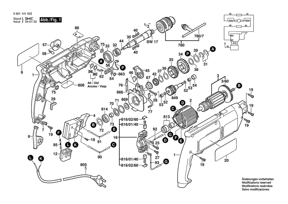 Section 1 Diagram and Parts List for GSB18-2 0601141004 Bosch Hammer Drill