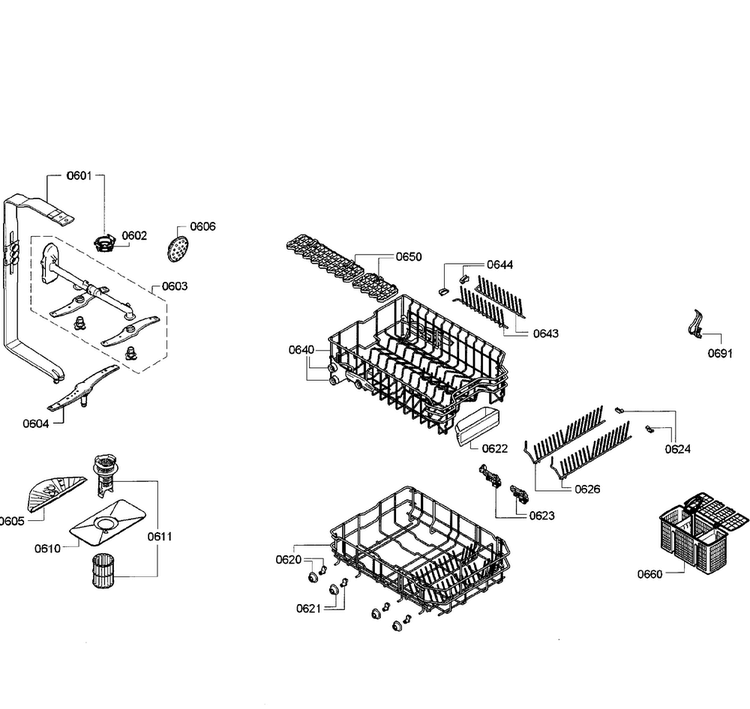 Baskets Diagram and Parts List for SPE5ES55UC 23 Bosch Dishwasher
