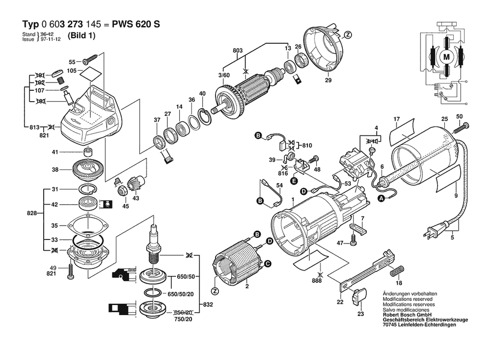 Section 1 Diagram and Parts List for PWS620S 0603273145 Bosch Angle Grinder