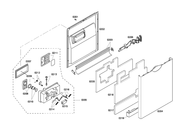 Door Assy Diagram and Parts List for SHE45M05UC 52 Bosch Dishwasher
