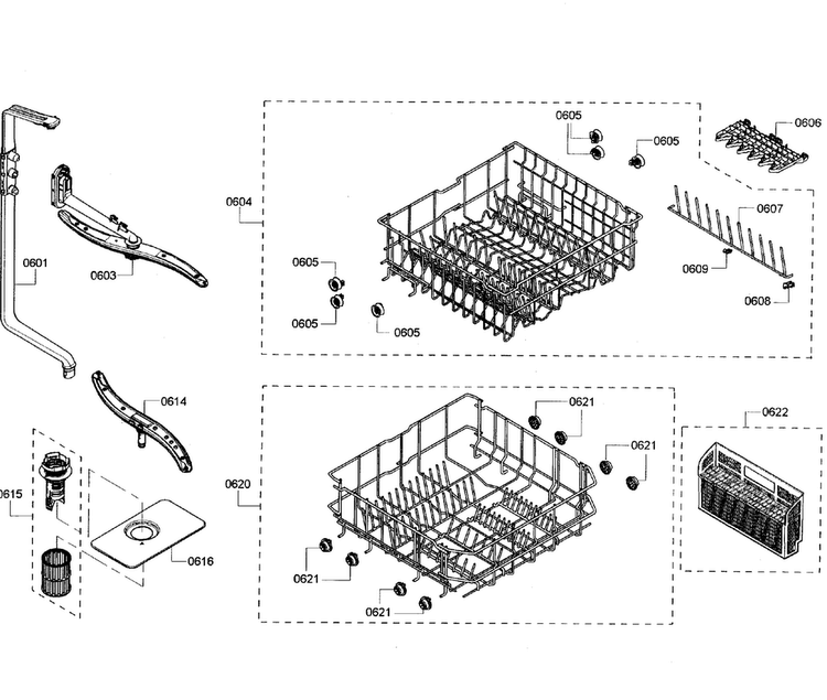 Baskets Diagram and Parts List for SHX3AR52UC 06 Bosch Dishwasher
