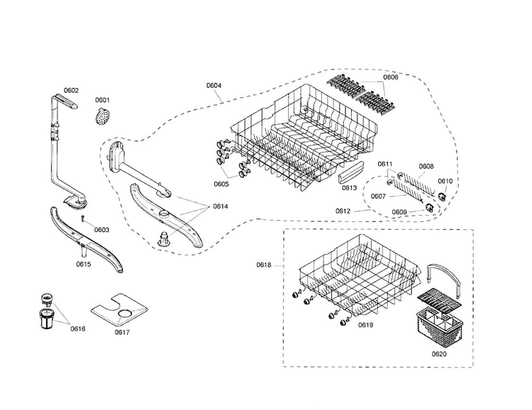 Racks And Spray Arm Assemblies Diagram and Parts List for SHU43C07UC 17 Bosch Dishwasher