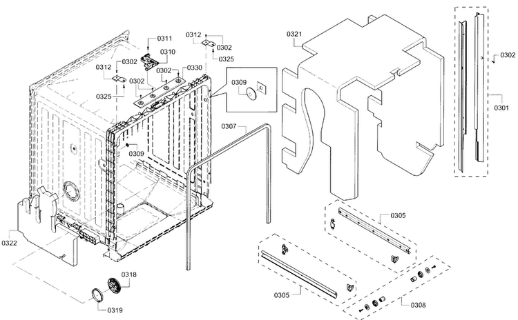 Frame Diagram and Parts List for SHE3AR76UC 21 Bosch Dishwasher