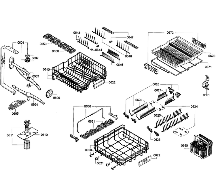 Baskets Assy Diagram and Parts List for SHV68E13UC 18 Bosch Dishwasher