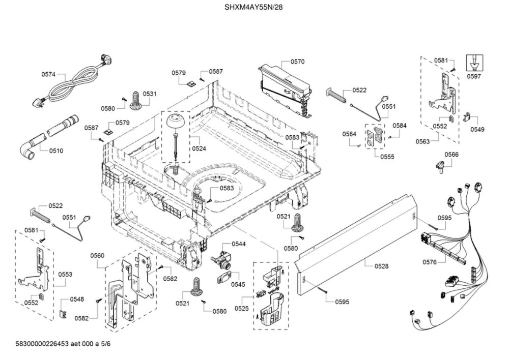 Base/Drain Hose/Main Harness Diagram and Parts List for SHXM4AY55N 28 Bosch Dishwasher