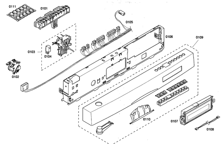 Front Panel Diagram and Parts List for SHE65P05UC 53 Bosch Dishwasher